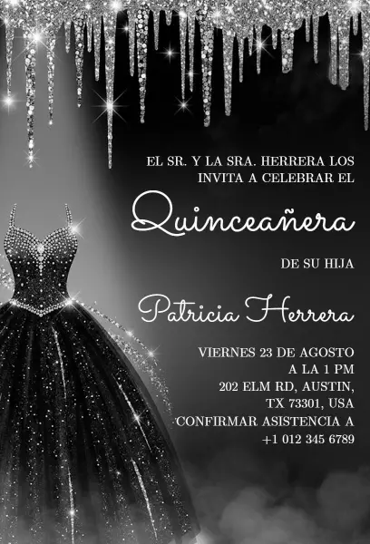 Elegant Black Dress Glamorous Quinceanera Invitation Template