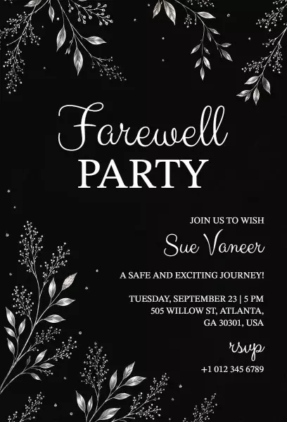 Elegant Black Floral Farewell Party Invitation Template
