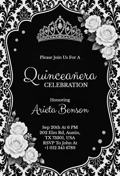 Elegant Black Floral Quinceanera Celebration Invitation Template