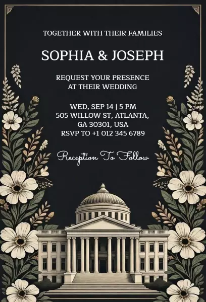 Elegant Black Floral Wedding Ceremony Invitation Template