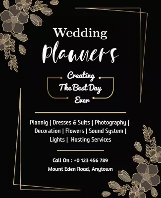 Elegant Black Floral Wedding Planner Services Flyer Template