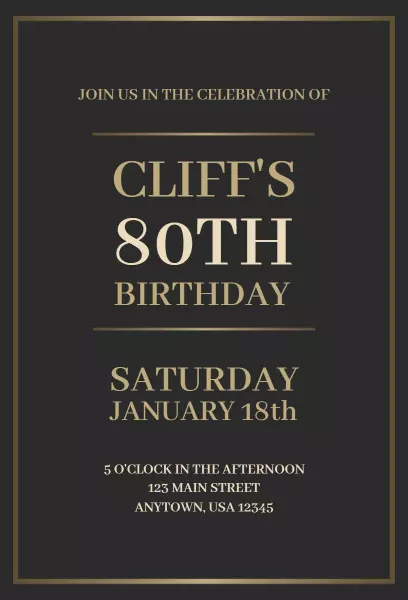 Elegant Black Gold 80th Birthday Celebration Invitation Template