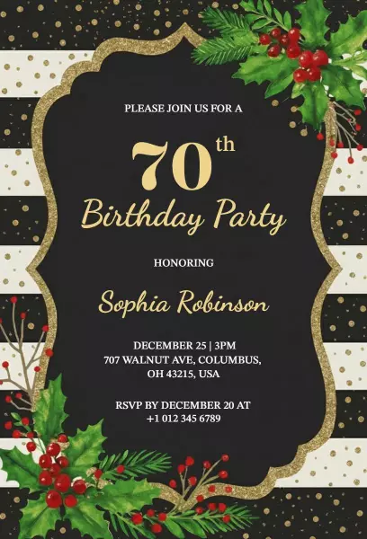 Elegant Black Gold Christmas 70th Birthday Party Invitation Template