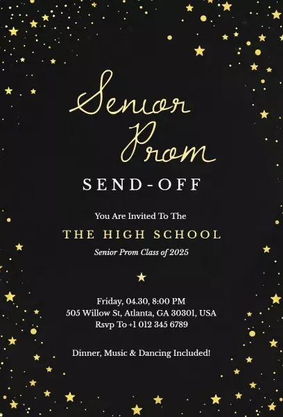 Elegant Black Gold Senior Prom Send-Off Invitation Template
