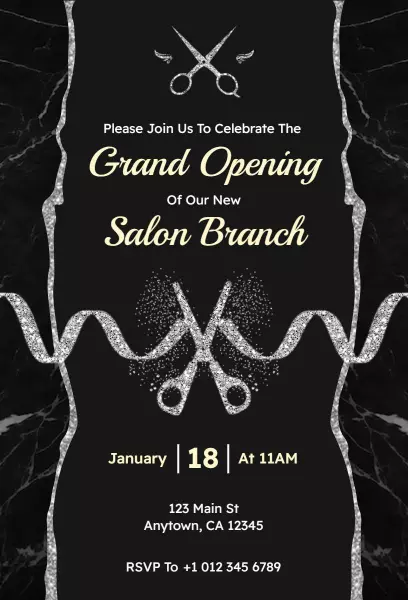 Elegant Black Marble Salon Grand Opening Celebration Invitation Template