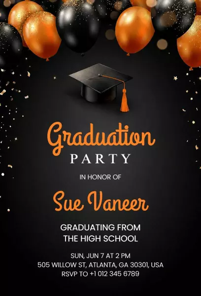 Elegant Black Orange High School Graduation Celebration Invitation Template