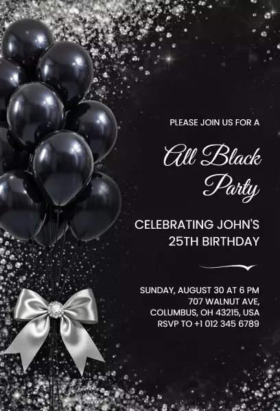 Elegant Black Party 25th Birthday Celebration Invitation Template