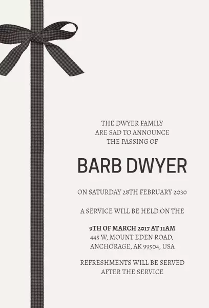 Elegant Black Ribbon Funeral Service Announcement Invitation Template