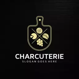 Elegant Black Serving Board Featuring Charcuterie Elements Logo Template