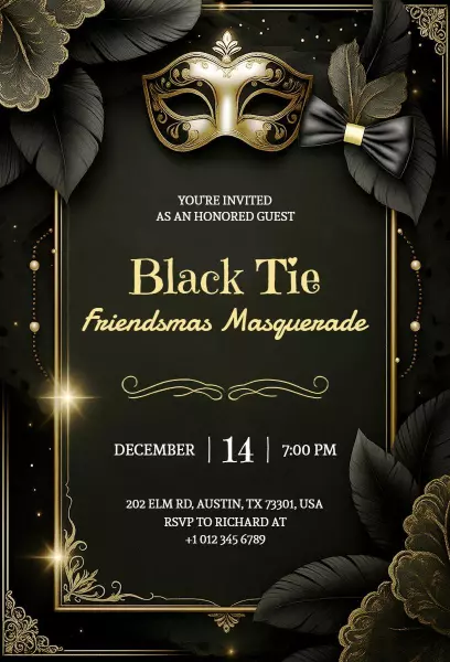 Elegant Black Tie Friendsmas Masquerade Party Invitation Template