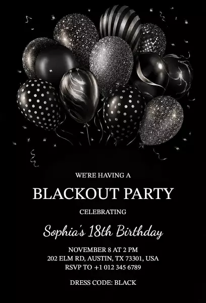 Elegant Blackout Party 18th Birthday Celebration Invitation Template