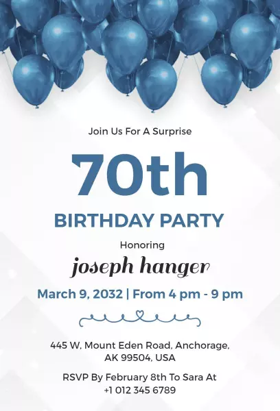 Elegant Blue 70th Birthday Surprise Celebration Invitation Template