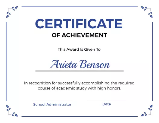Elegant Blue Academic Achievement Recognition Certificate Template