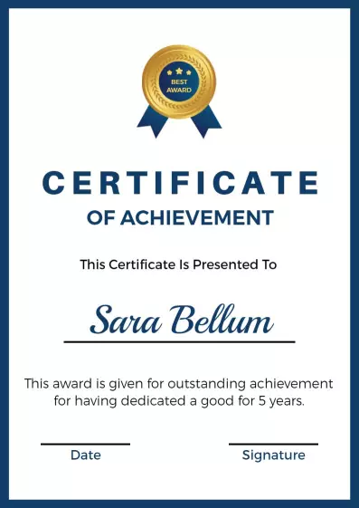 Elegant Blue Achievement Recognition Award Certificate Template