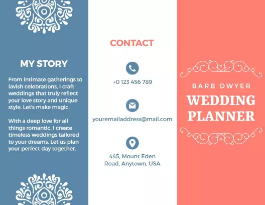 Elegant Blue and Coral Wedding Planner Services Brochure Template