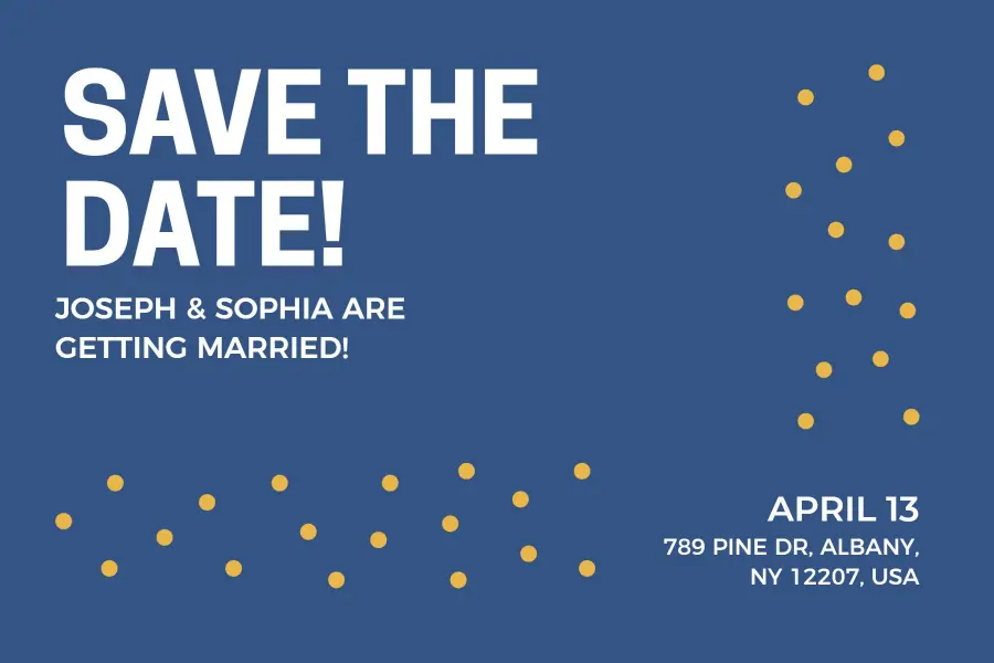 Elegant Blue and Gold Polka Dot Wedding Save the Date Postcard Template