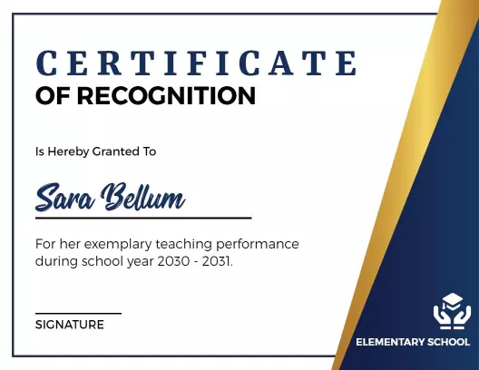 Elegant Blue and Gold Teaching Recognition Certificate Template
