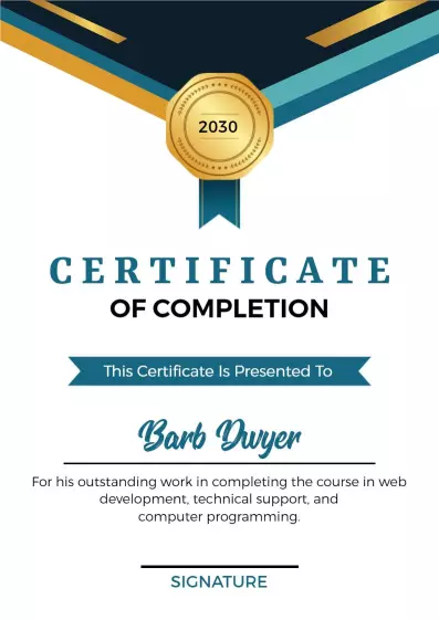 Elegant Blue and Gold Web Development Completion Certificate Template