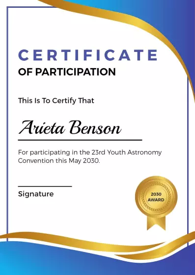 Elegant Blue and Gold Youth Astronomy Participation Certificate Template