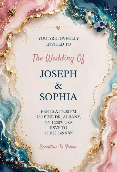 Elegant Blue and Pink Marble Wedding Ceremony Invitation Template