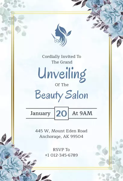 Elegant Blue Beauty Salon Grand Opening Invitation Template