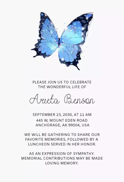 Elegant Blue Butterfly Celebration Of Life Invitation Template