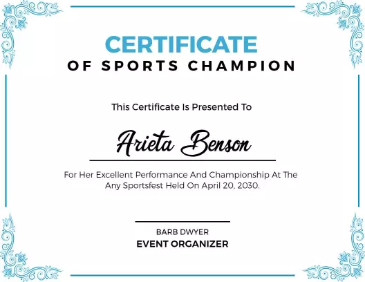 Elegant Blue Decorative Sports Champion Certificate Template