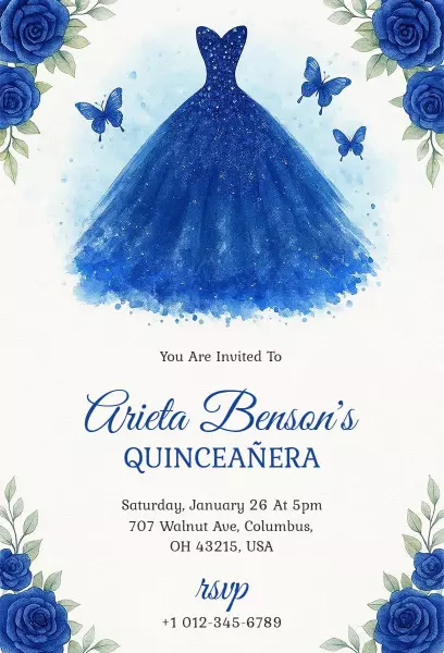 Elegant Blue Dress Quinceanera Celebration Invitation Template