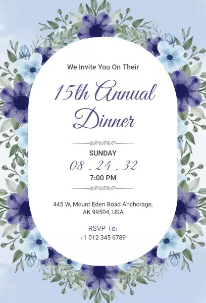 Elegant Blue Floral 15th Annual Dinner Invitation Template