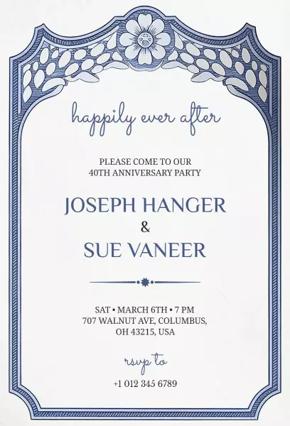 Elegant Blue Floral 40th Anniversary Celebration Invitation Template