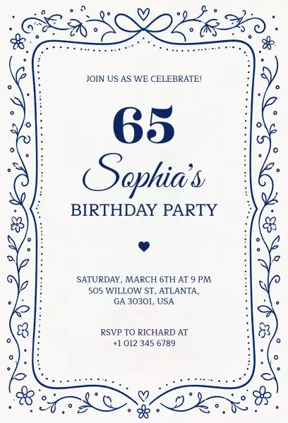Elegant Blue Floral 65th Birthday Celebration Invitation Template