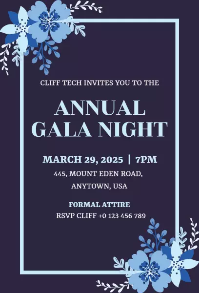 Elegant Blue Floral Annual Gala Night Invitation Template