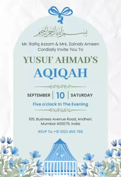Elegant Blue Floral Aqiqah Ceremony Invitation Template