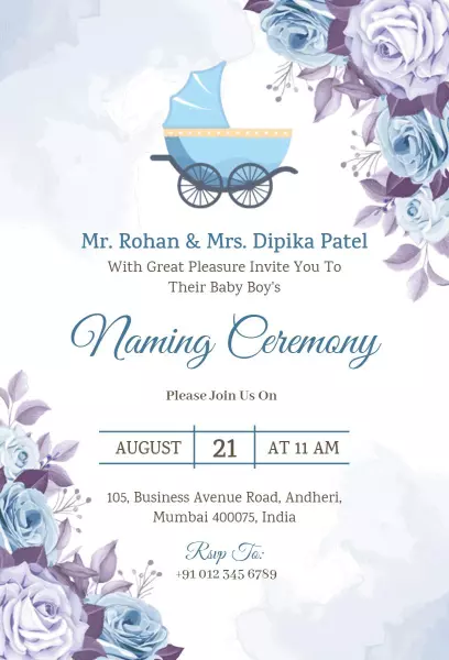 Elegant Blue Floral Baby Naming Ceremony Invitation Template