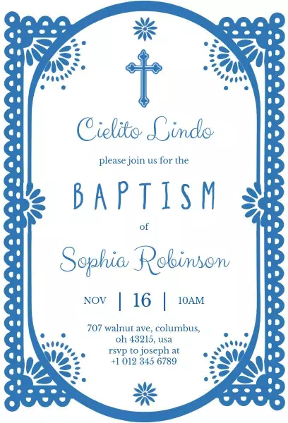 Elegant Blue Floral Baptism Celebration Invitation Template