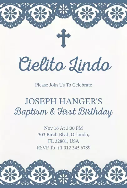 Elegant Blue Floral Baptism First Birthday Celebration Invitation Template