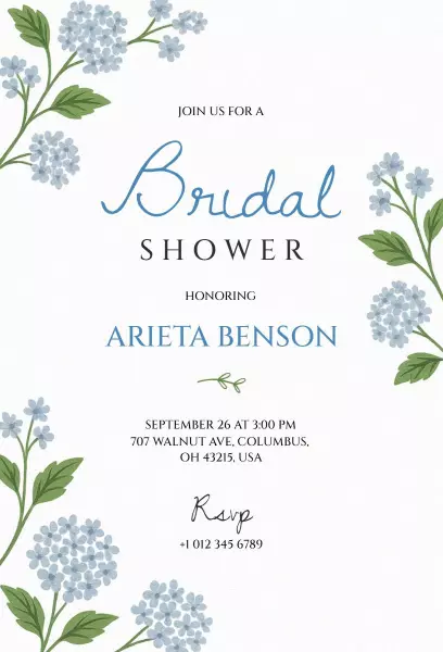 Elegant Blue Floral Bridal Shower Celebration Invitation Template