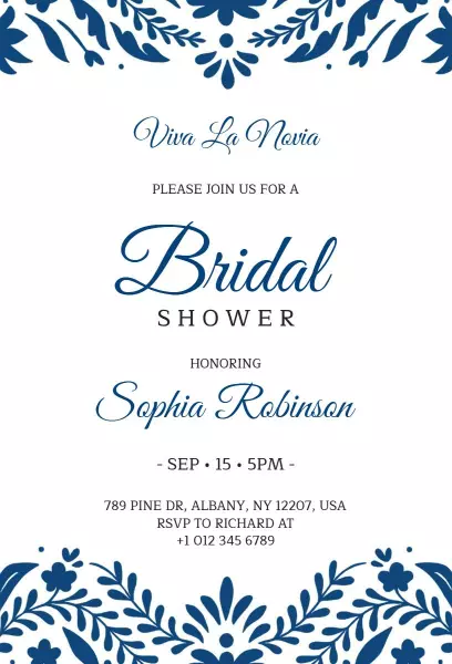Elegant Blue Floral Bridal Shower Invitation Template