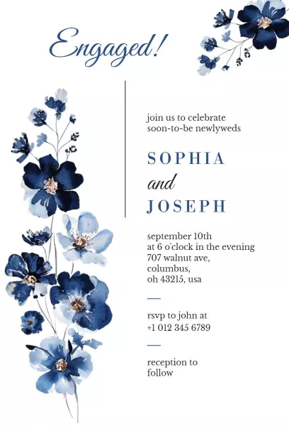 Elegant Blue Floral Engagement Celebration Invitation Template
