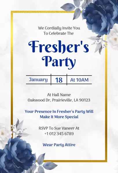 Elegant Blue Floral Freshers Celebration Party Invitation Template
