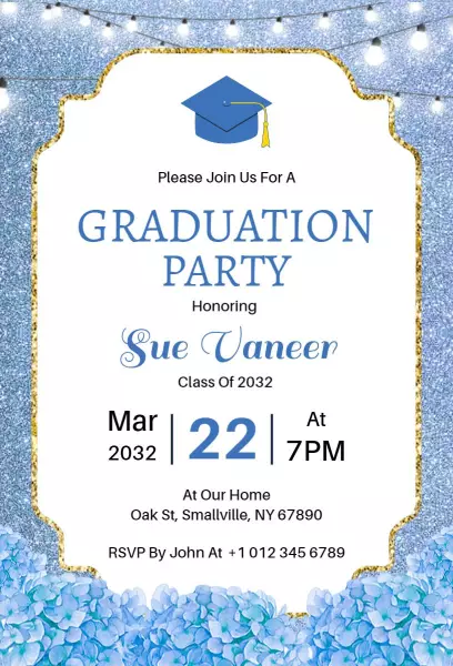 Elegant Blue Floral Graduation Celebration Party Invitation Template