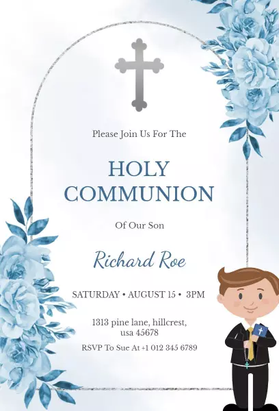 Elegant Blue Floral Holy Communion Celebration Invitation Template