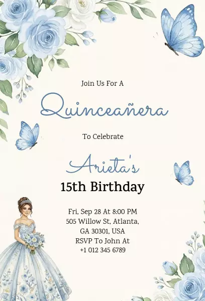 Elegant Blue Floral Quinceanera Birthday Celebration Invitation Template