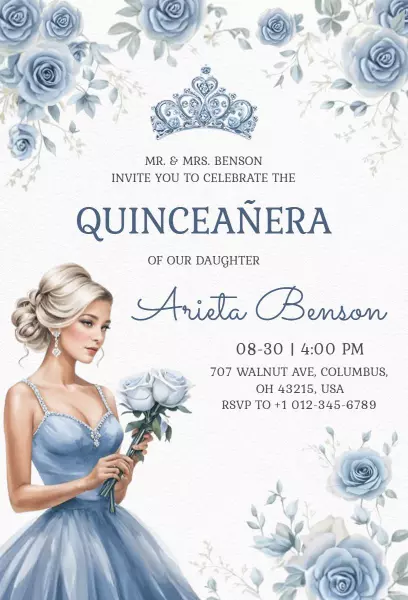 Elegant Blue Floral Quinceanera Celebration Invitation Template