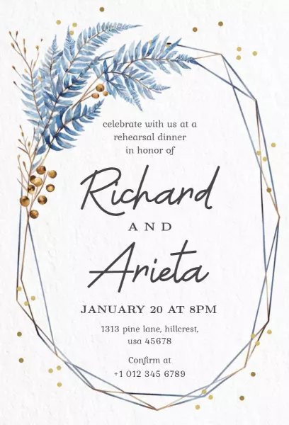 Elegant Blue Floral Rehearsal Dinner Celebration Invitation Template