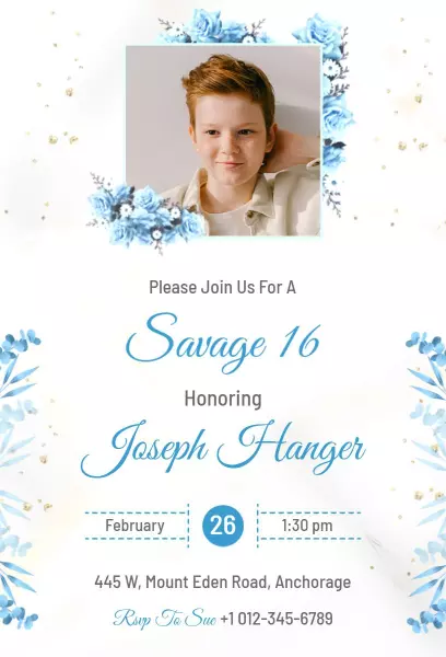 Elegant Blue Floral Savage 16 Birthday Invitation Template