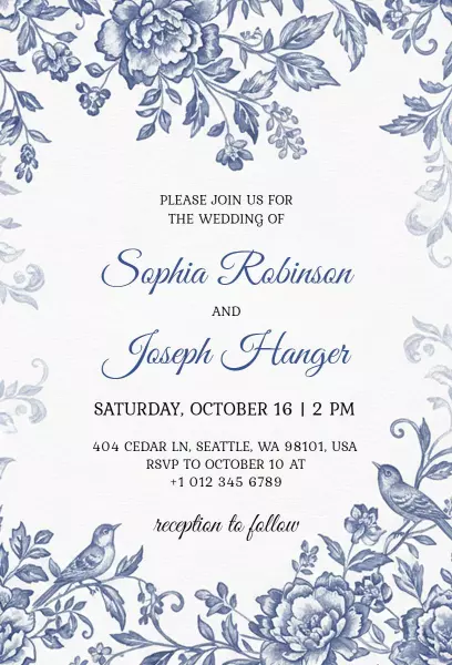 Elegant Blue Floral Wedding Celebration Invitation Template