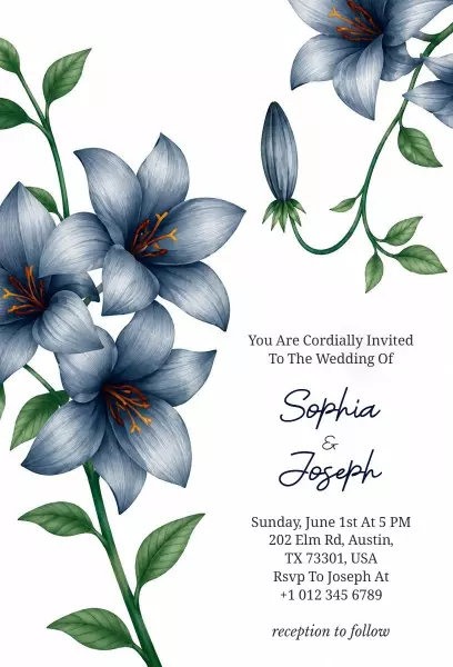 Elegant Blue Floral Wedding Ceremony Invitation Template