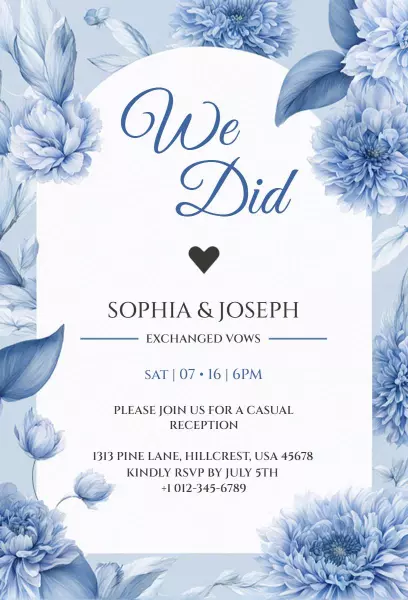 Elegant Blue Floral Wedding Reception Invitation Template