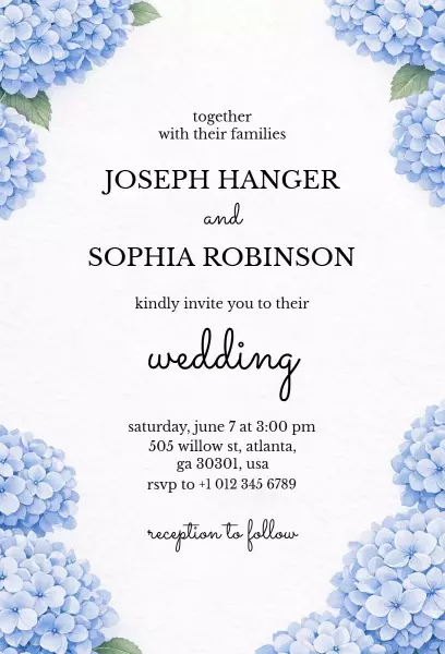 Elegant Blue Hydrangea Floral Wedding Invitation Template